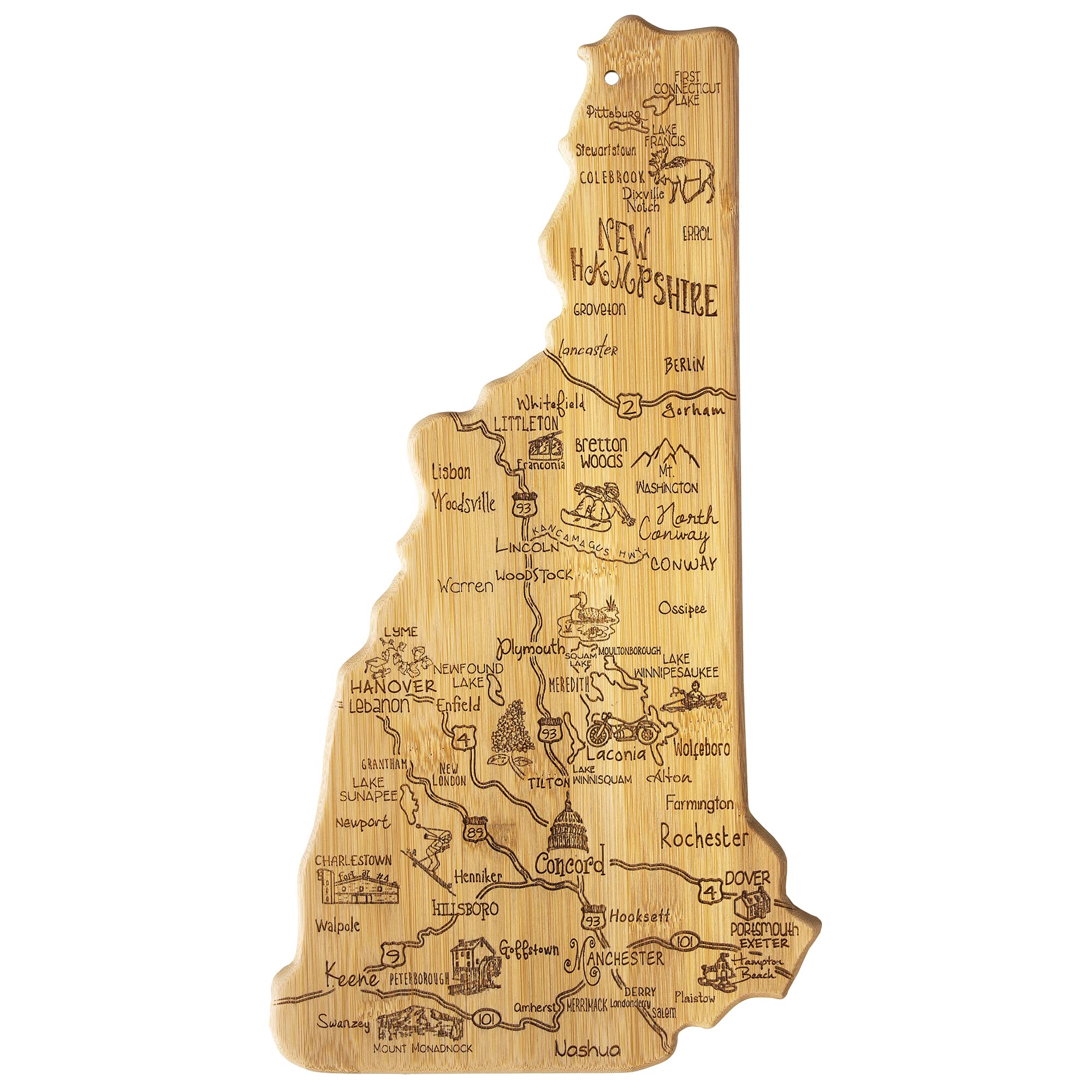 Totally Bamboo front view of New Hampshire-shaped cutting board showing engraved map benefits display