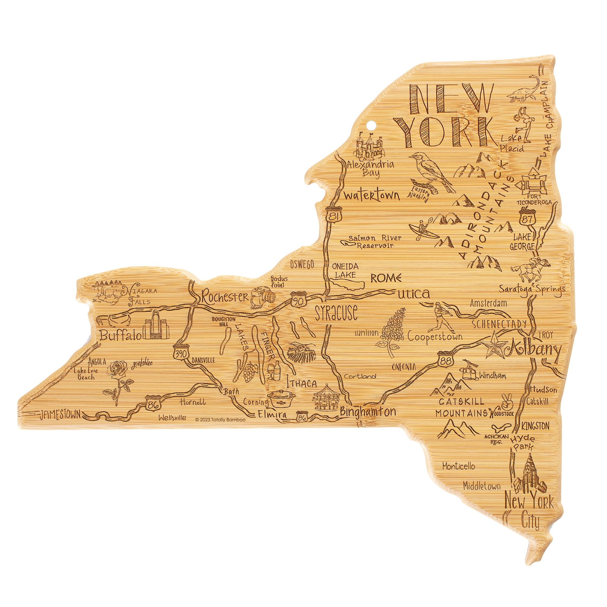 Totally Bamboo front engraving shows New York map and serving benefit
