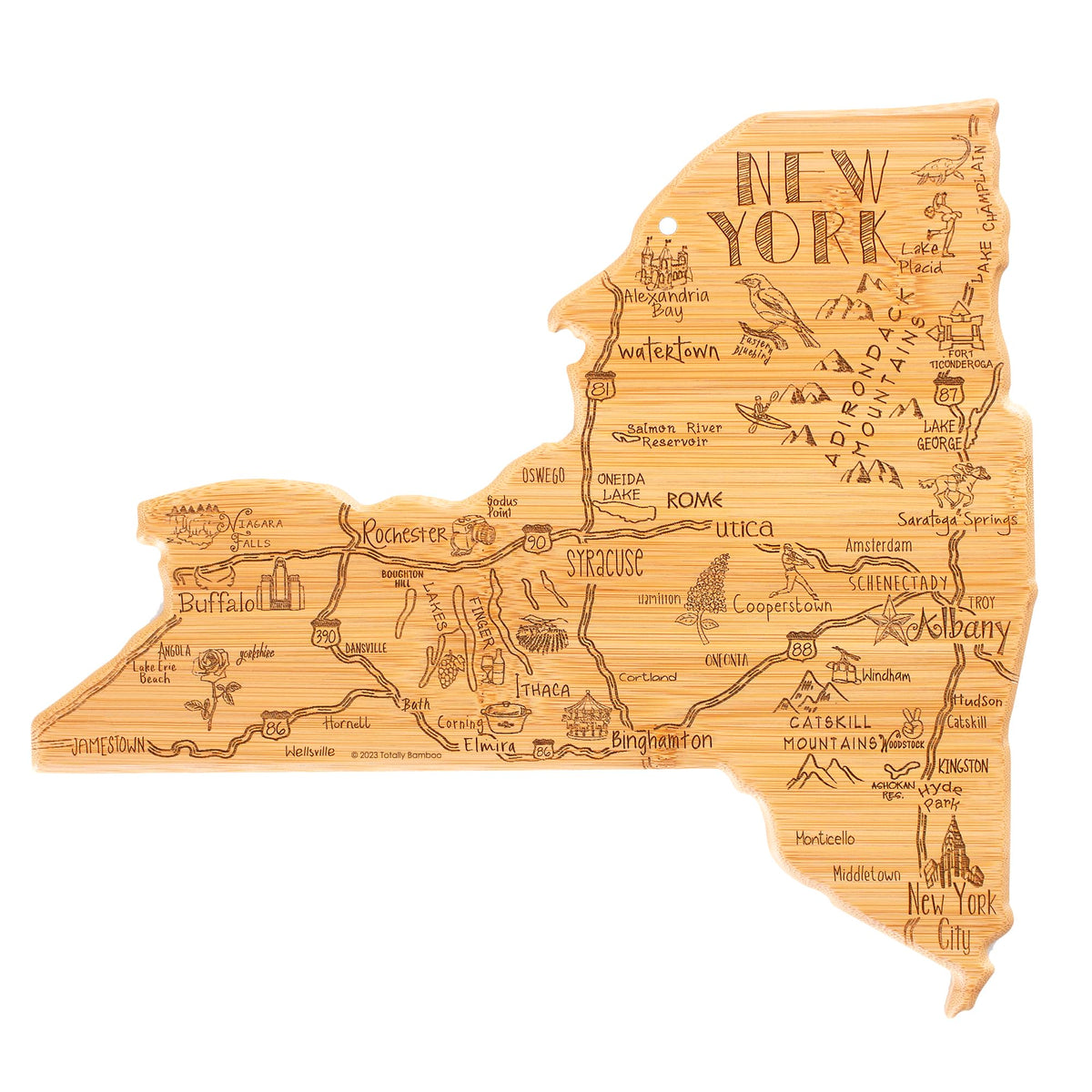 Totally Bamboo front engraving shows New York map and serving benefit