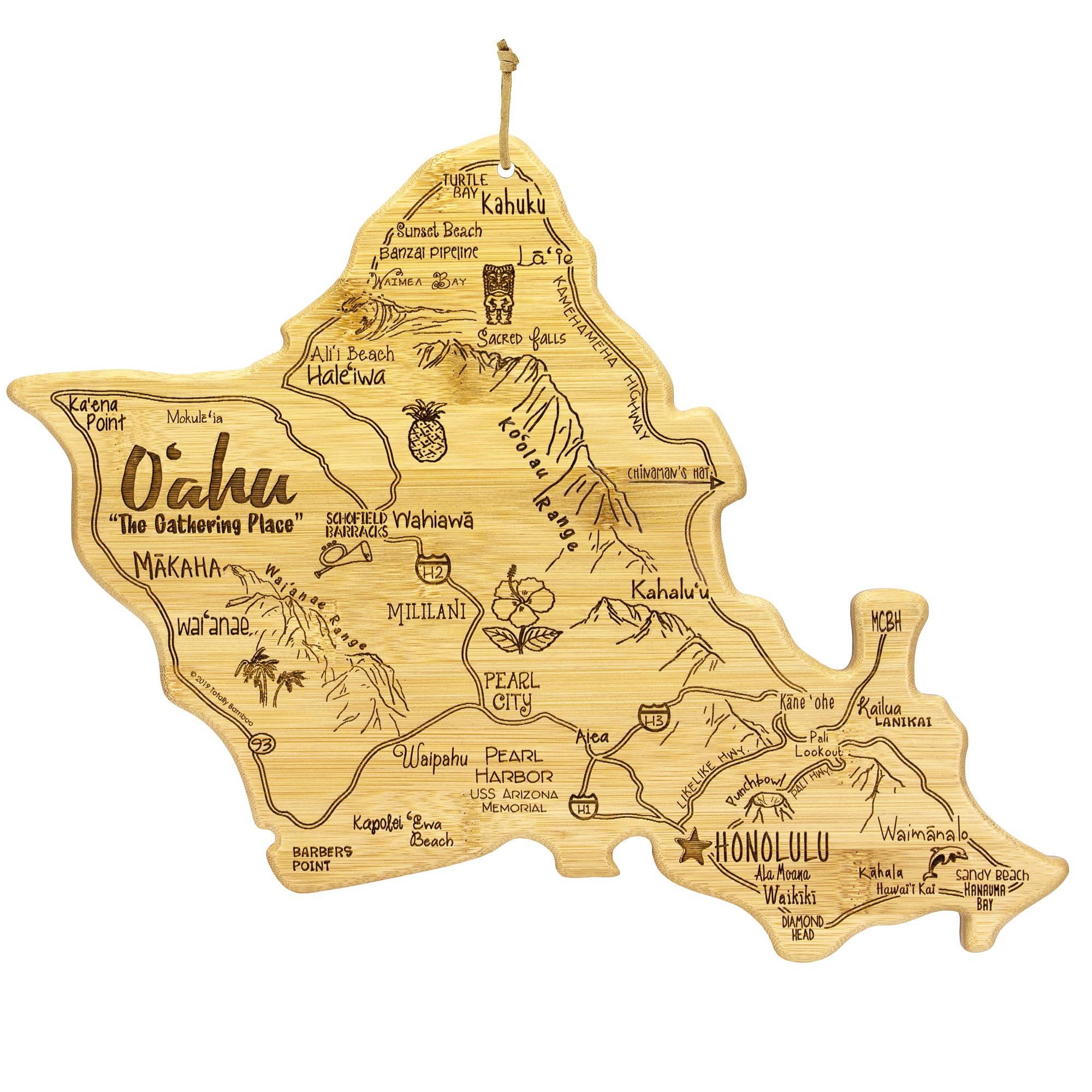 Totally Bamboo front view showing island shape and engraved towns for decor