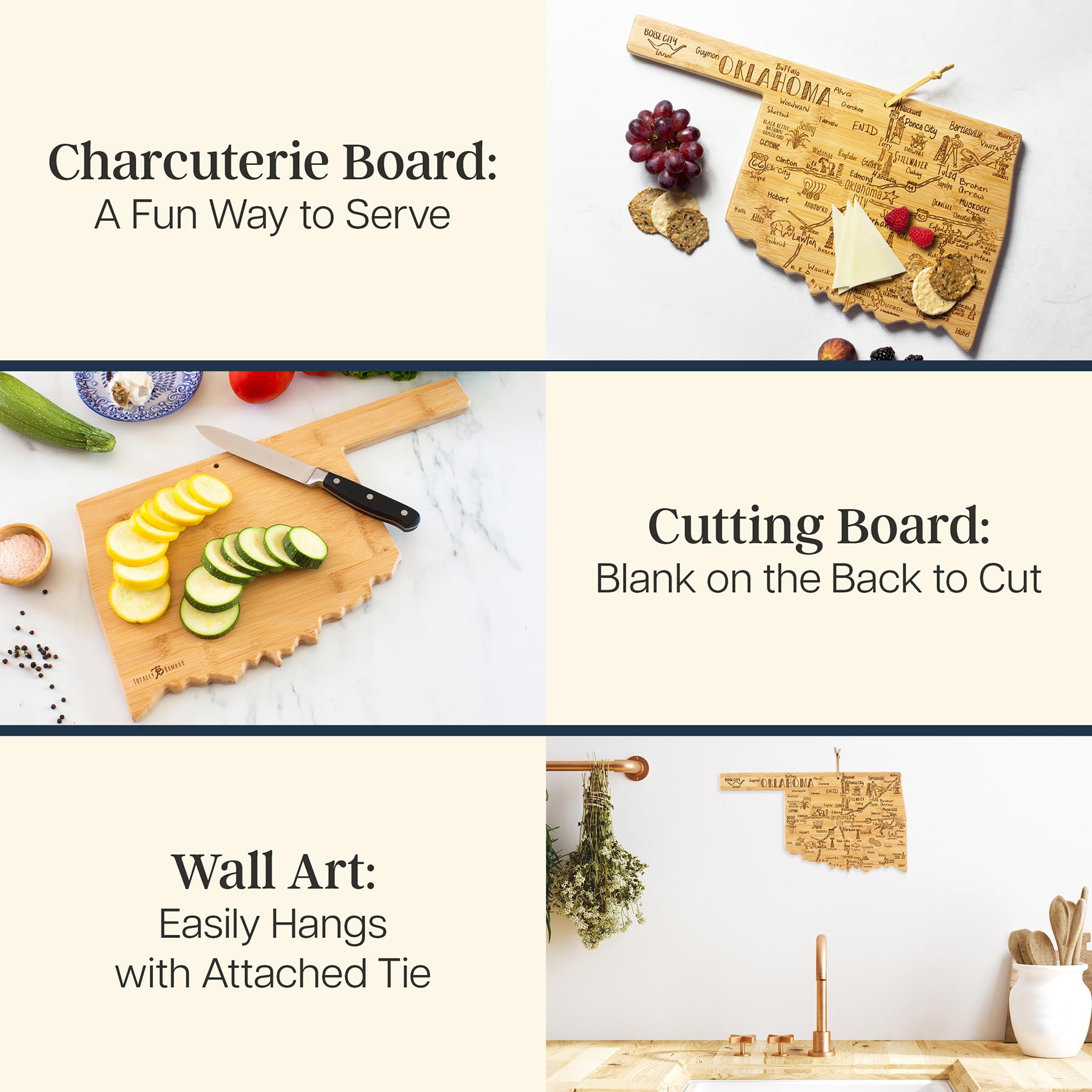 Totally Bamboo Oklahoma board smooth back cutting surface showing knife-friendly bamboo durability