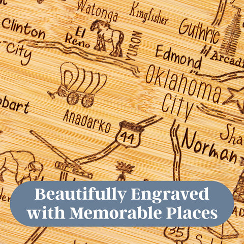 Totally Bamboo Oklahoma board close-up engraving detail showing cities and landmarks for visual interest