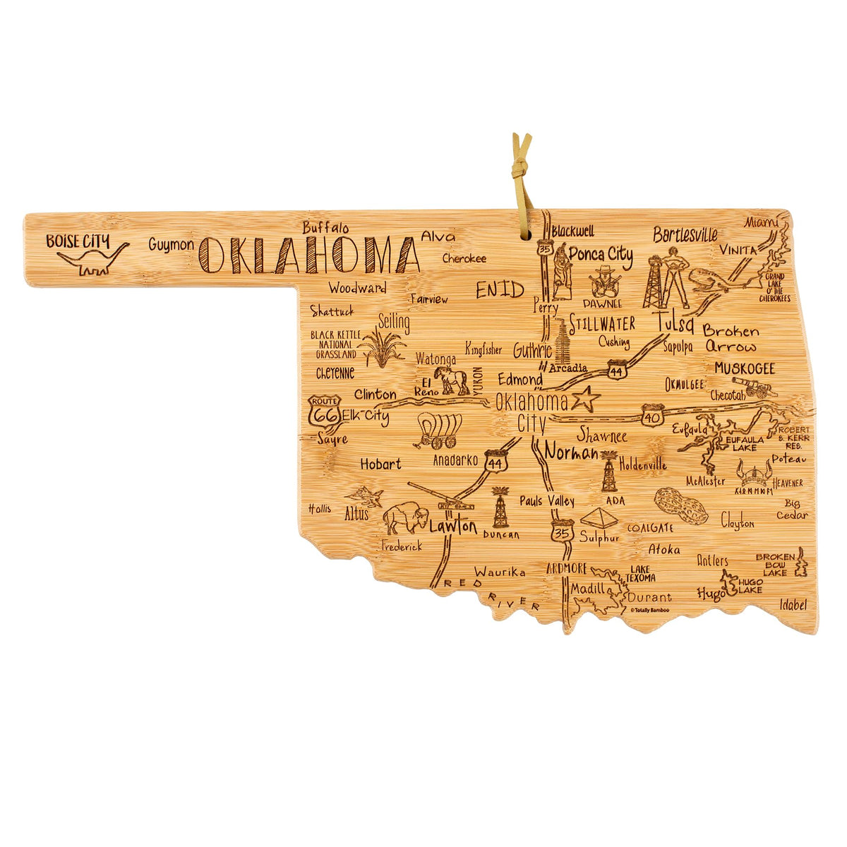 Totally Bamboo Oklahoma board front engraved map view highlights landmark artwork and presentation appeal