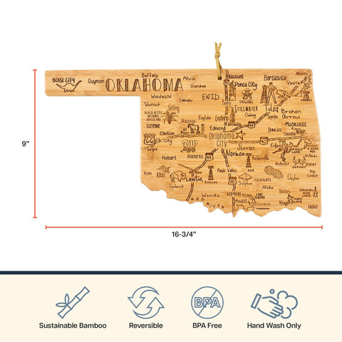 Totally Bamboo Oklahoma board hung by tie on kitchen wall for storage and decorative display