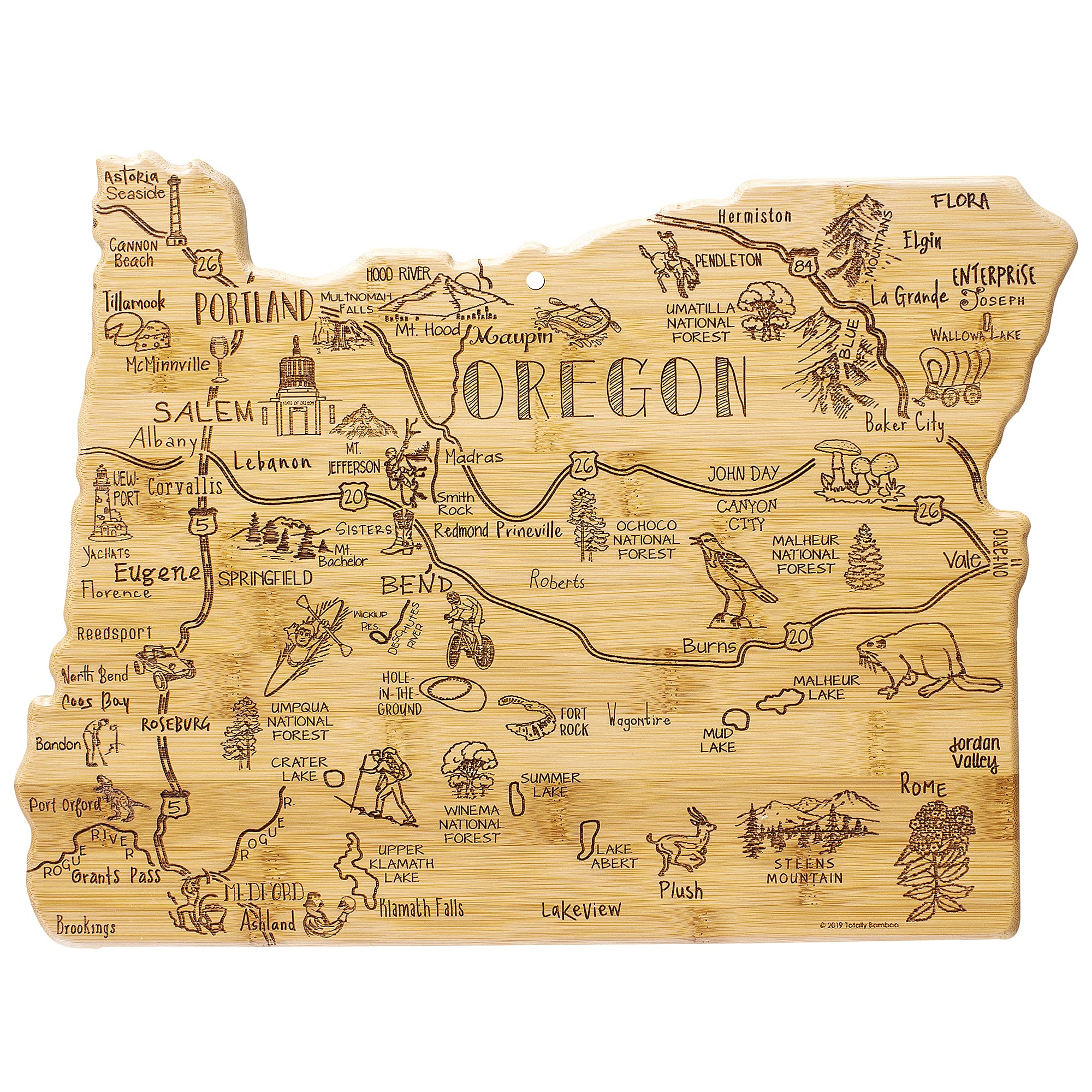 Totally Bamboo engraved front with Oregon map, enhances serving presentation