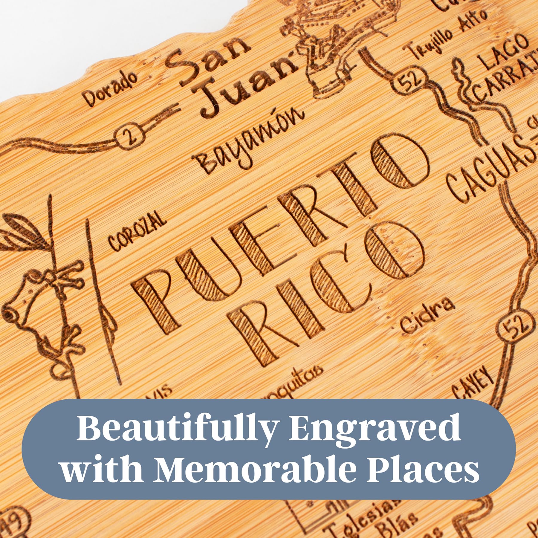 Totally Bamboo close-up of engraved map detail highlighting towns and landmarks for conversation