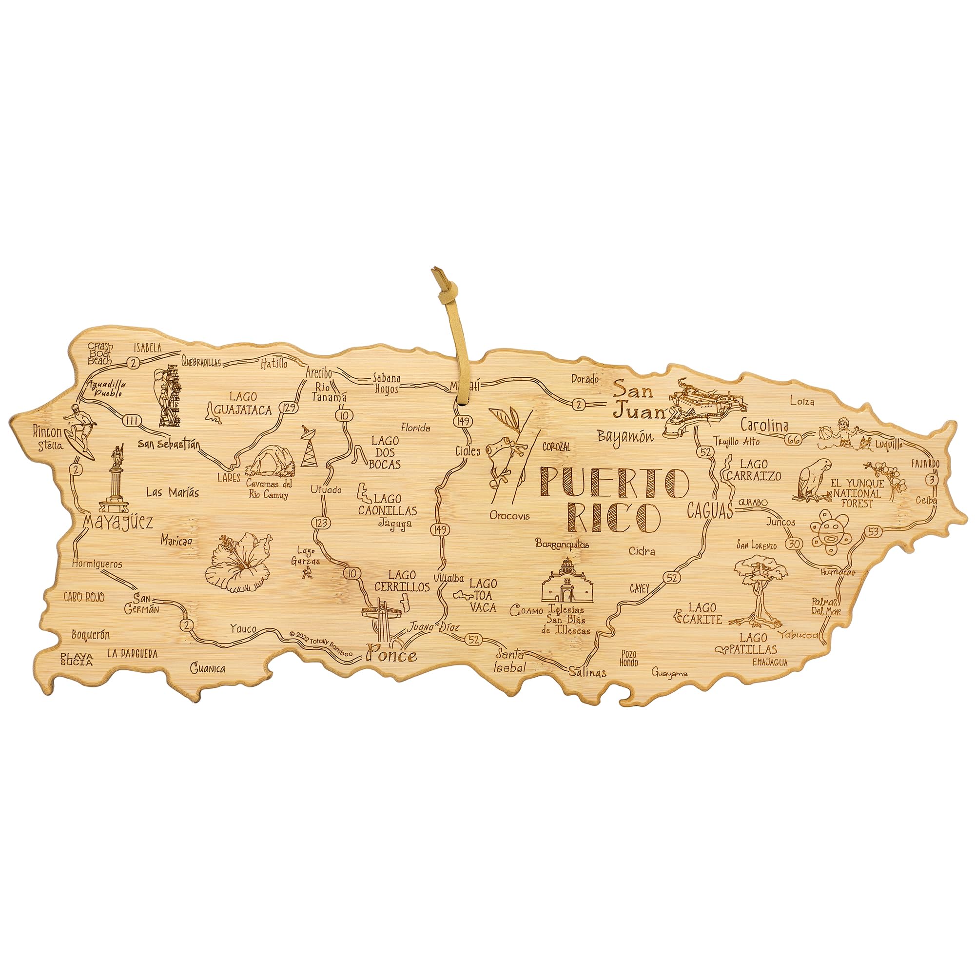 Totally Bamboo front view shows Puerto Rico silhouette and engraved map, great for serving