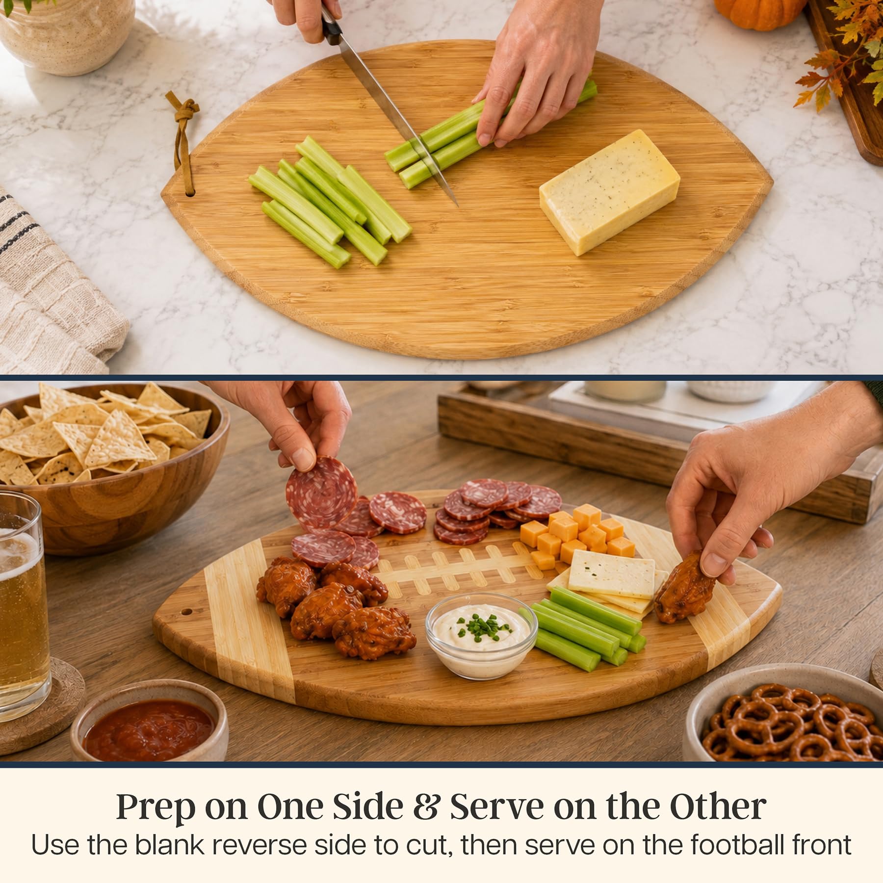 Totally Bamboo board in use with cheeses showing easy serving