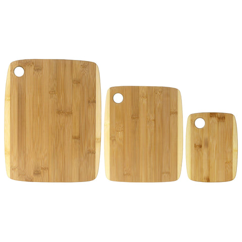 Totally Bamboo boards beside chef knife illustrating size scale and practical meal prep