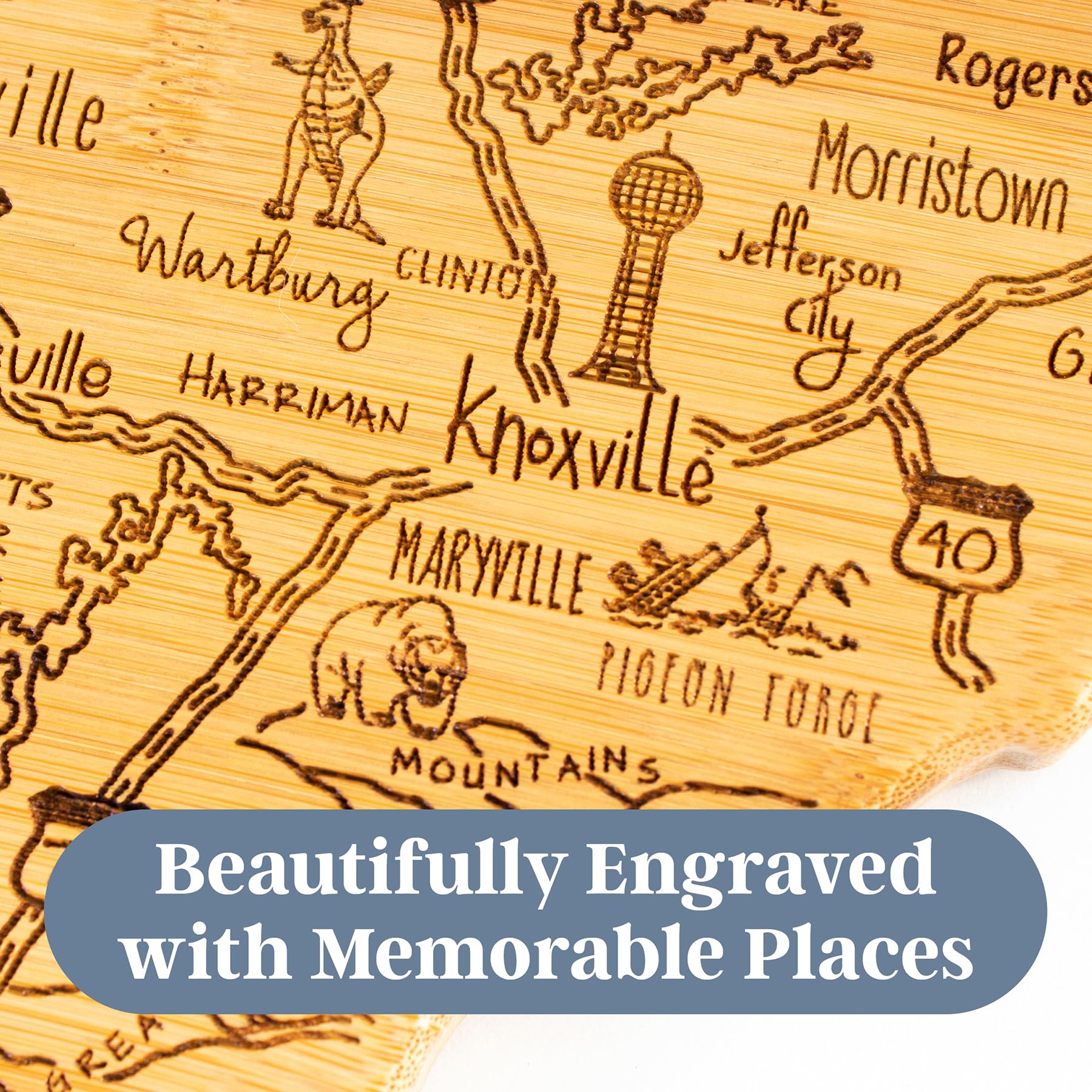 Totally Bamboo close-up engraving detail highlighting city names and visual charm