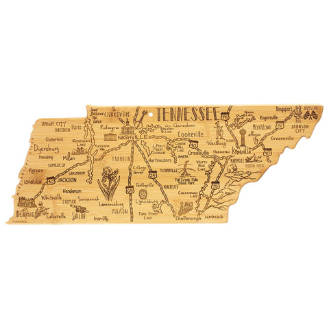 Totally Bamboo front engraved map showing Tennessee landmarks and serving benefit