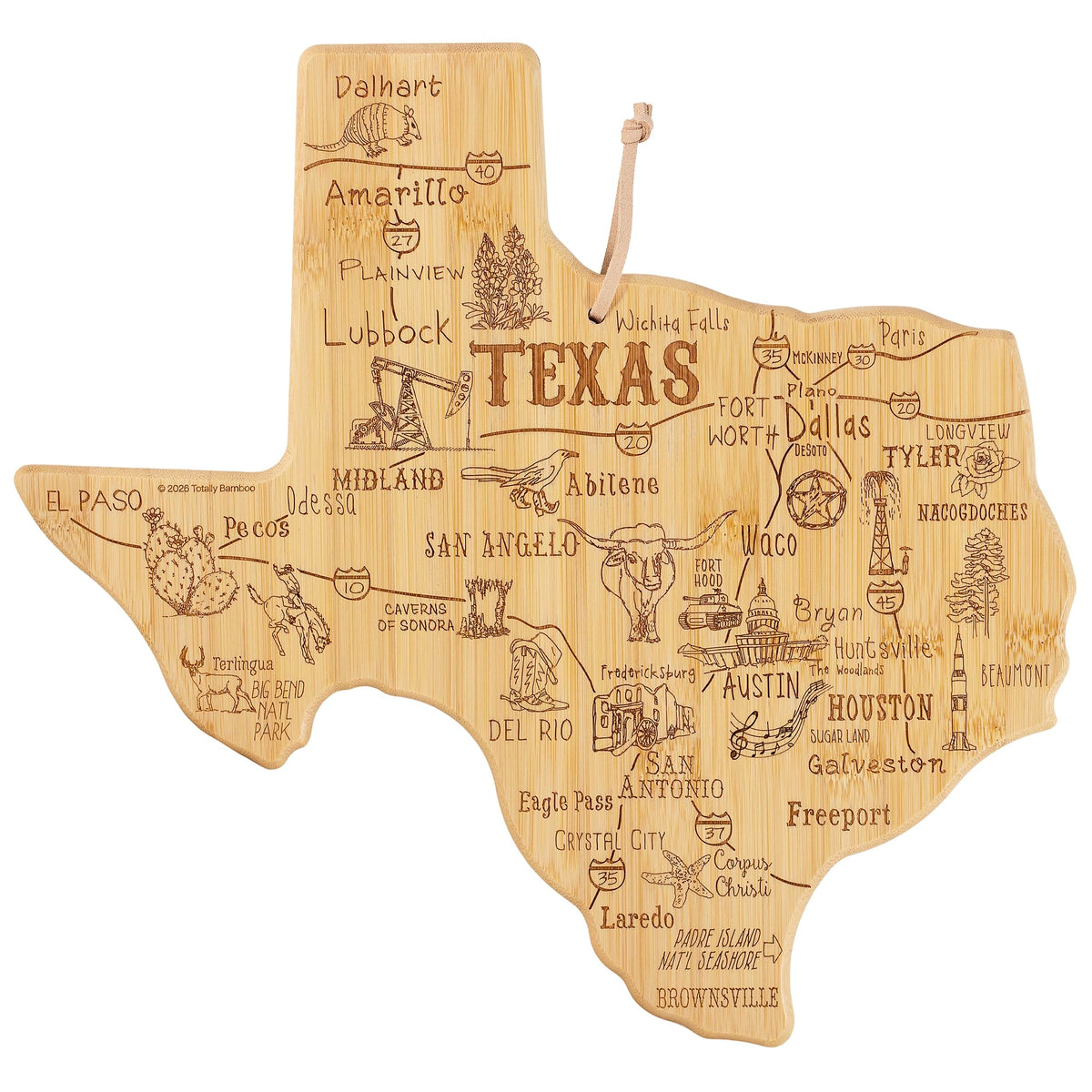 Totally Bamboo front view showing Texas engraving and serving benefit