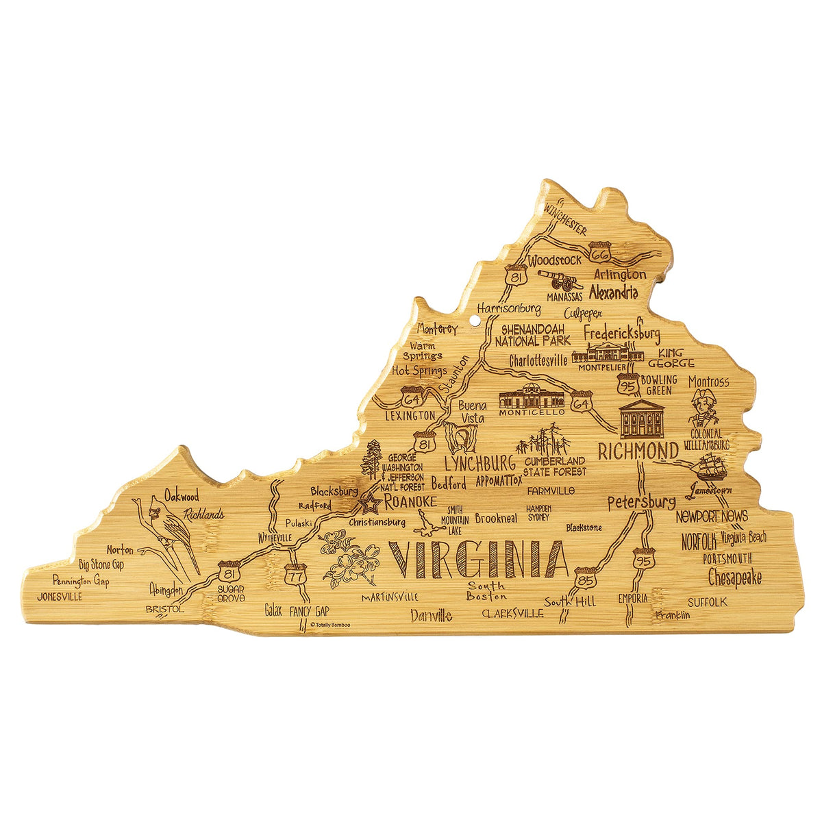 Totally Bamboo front engraved map highlighting Virginia for themed serving