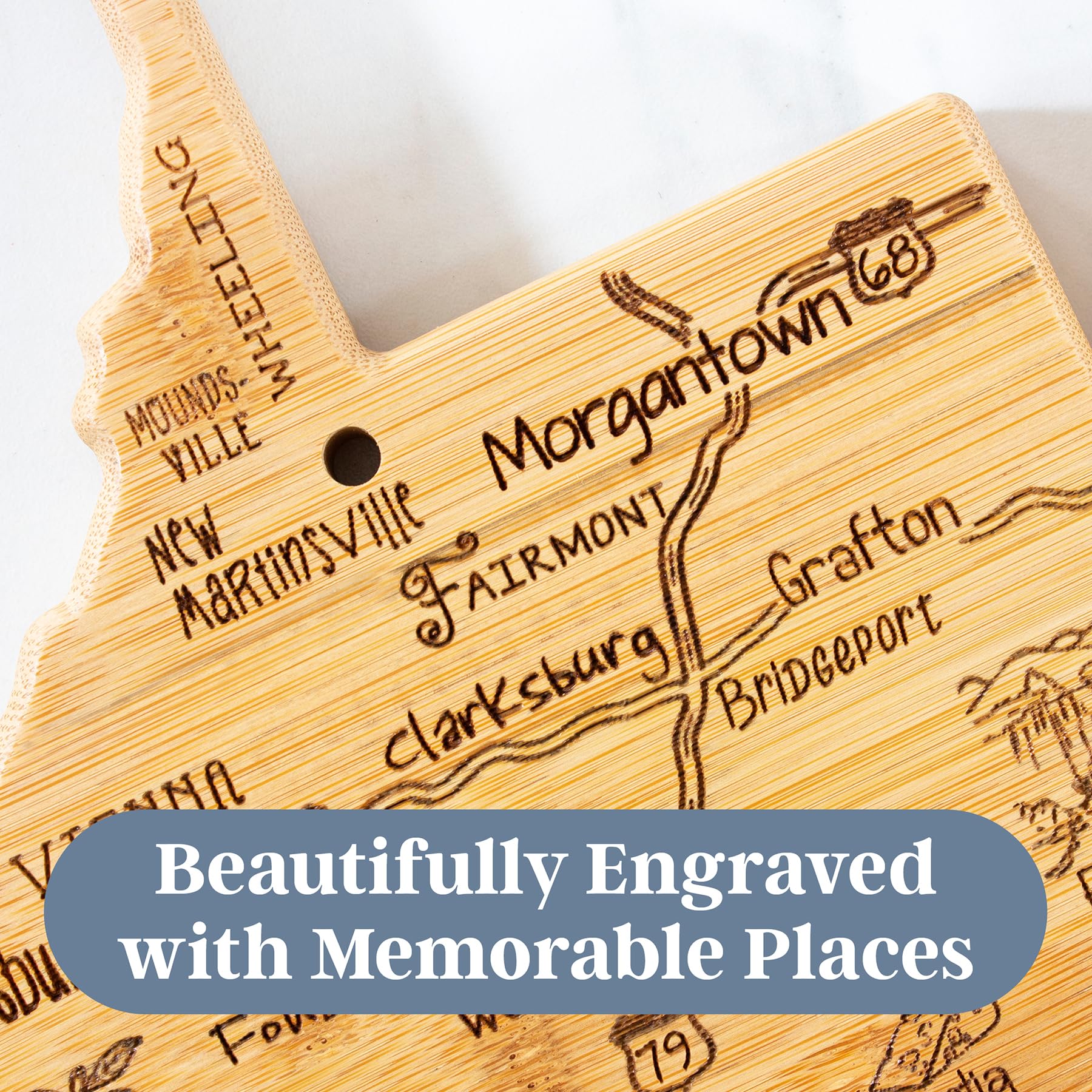 Totally Bamboo close-up engraving detail highlighting cities and landmarks