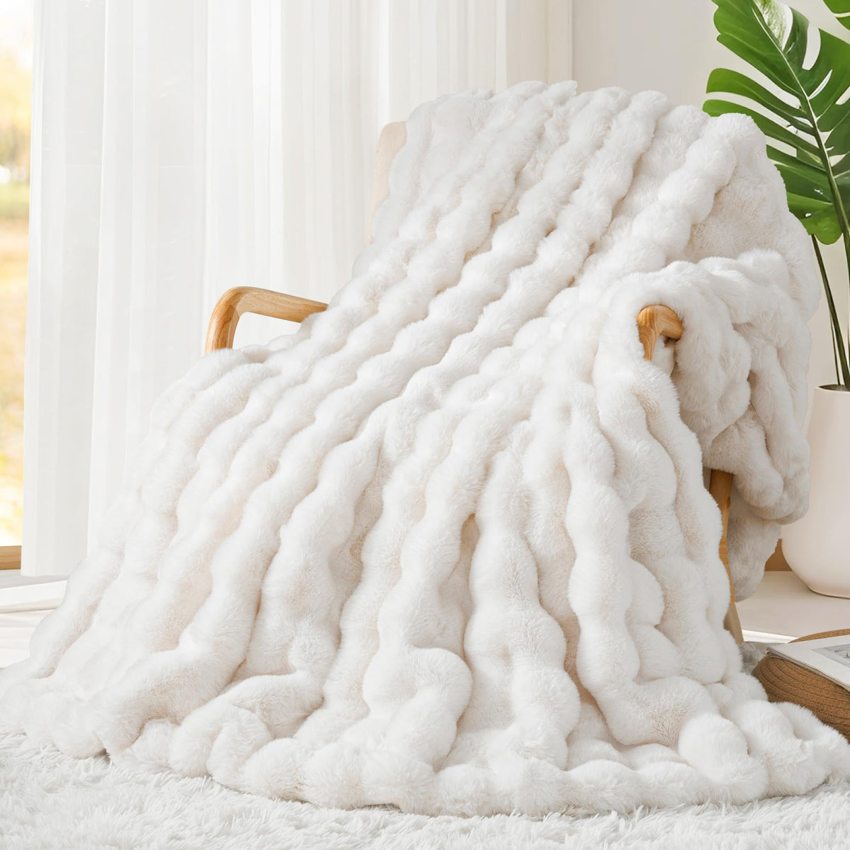 Touchat blanket front view showing plush faux rabbit fur and decorative warmth