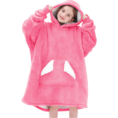 Touchat front view of pink wearable blanket hoodie showing cozy design and hood benefit