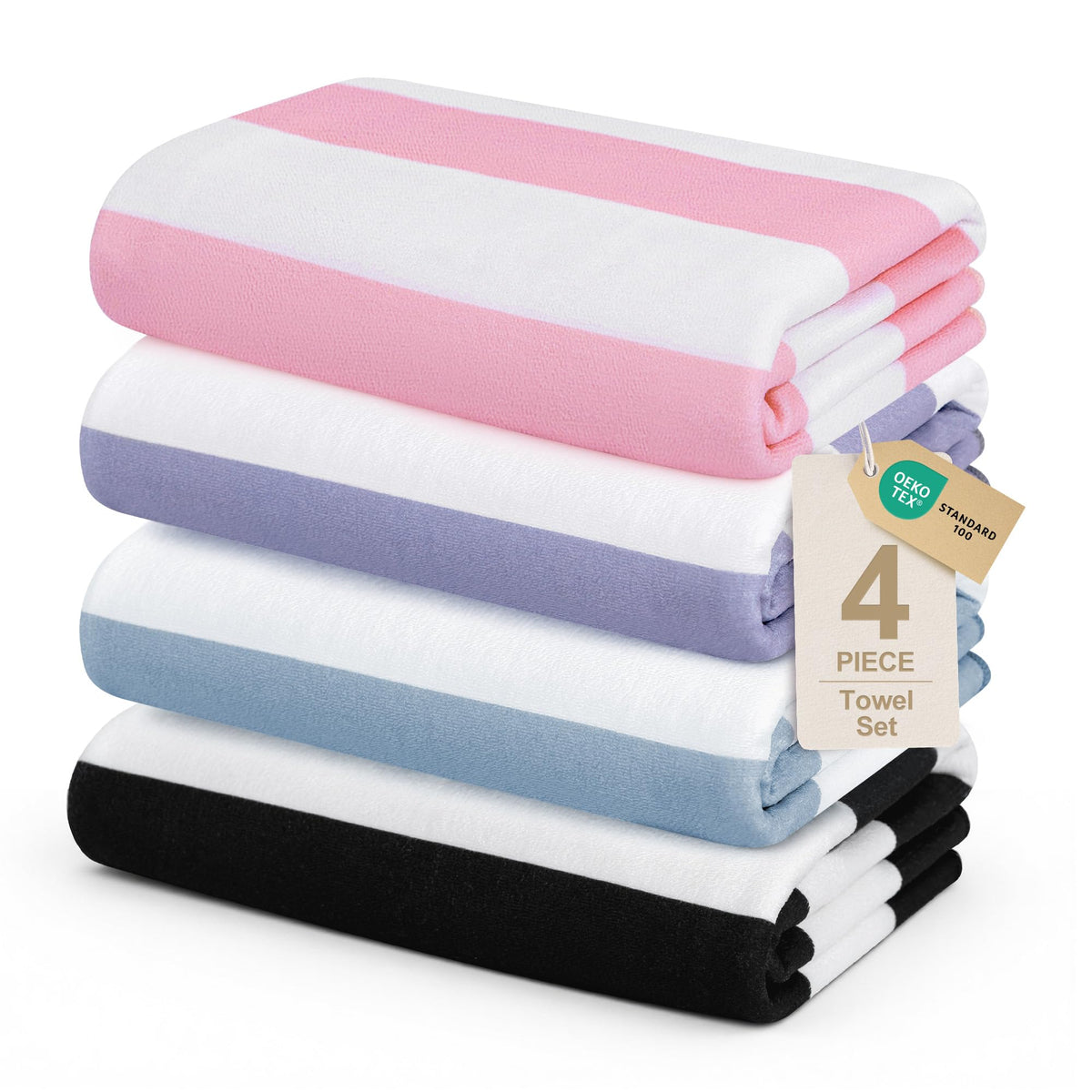 Touchat front packaging showing four cabana-striped towels and compact carry benefit