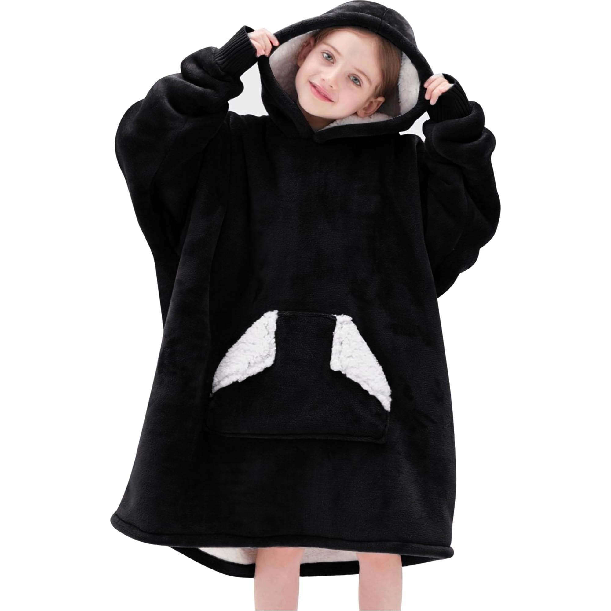 Touchat front view showing oversized hooded blanket and roomy fit for warmth
