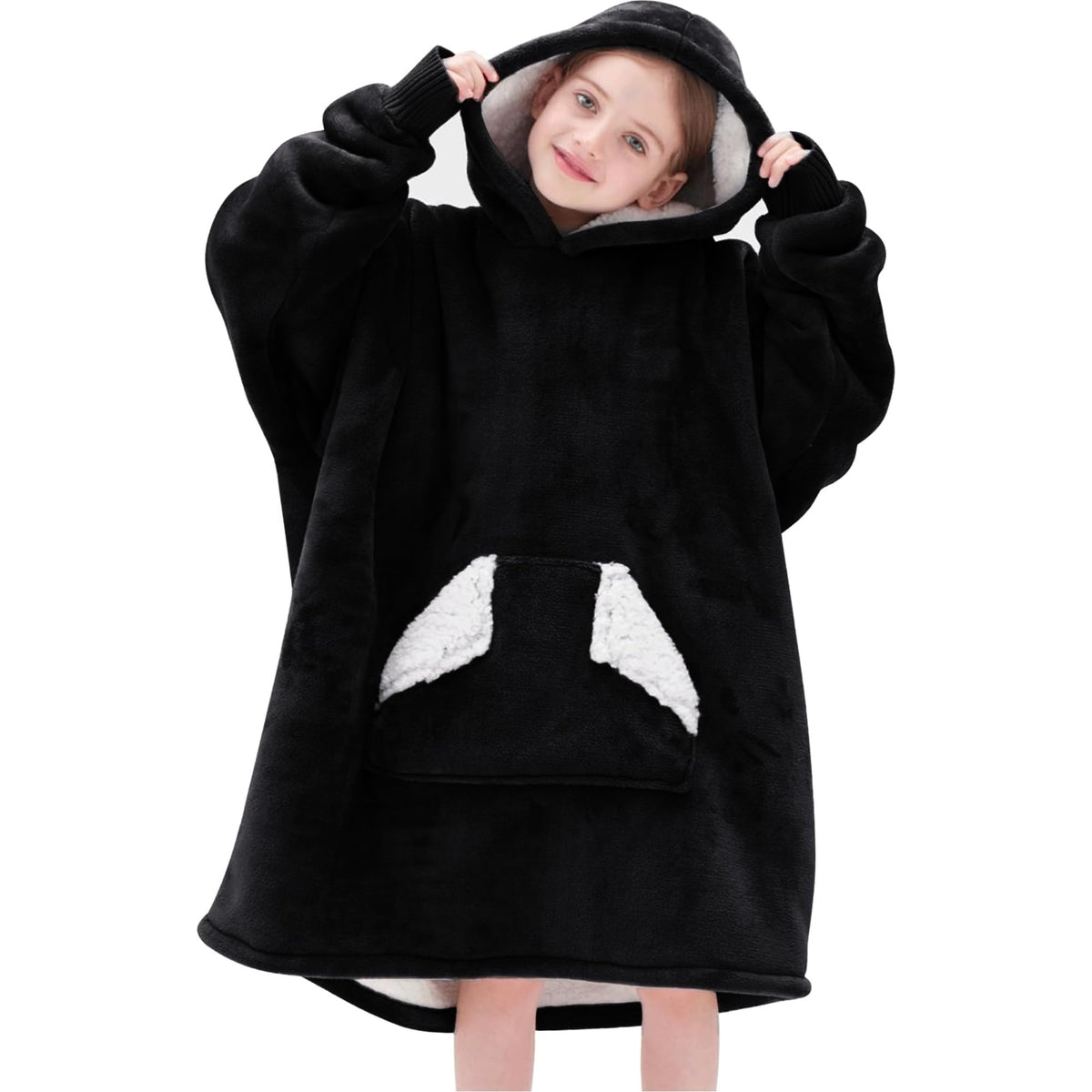 Touchat front view showing oversized hooded blanket and roomy fit for warmth