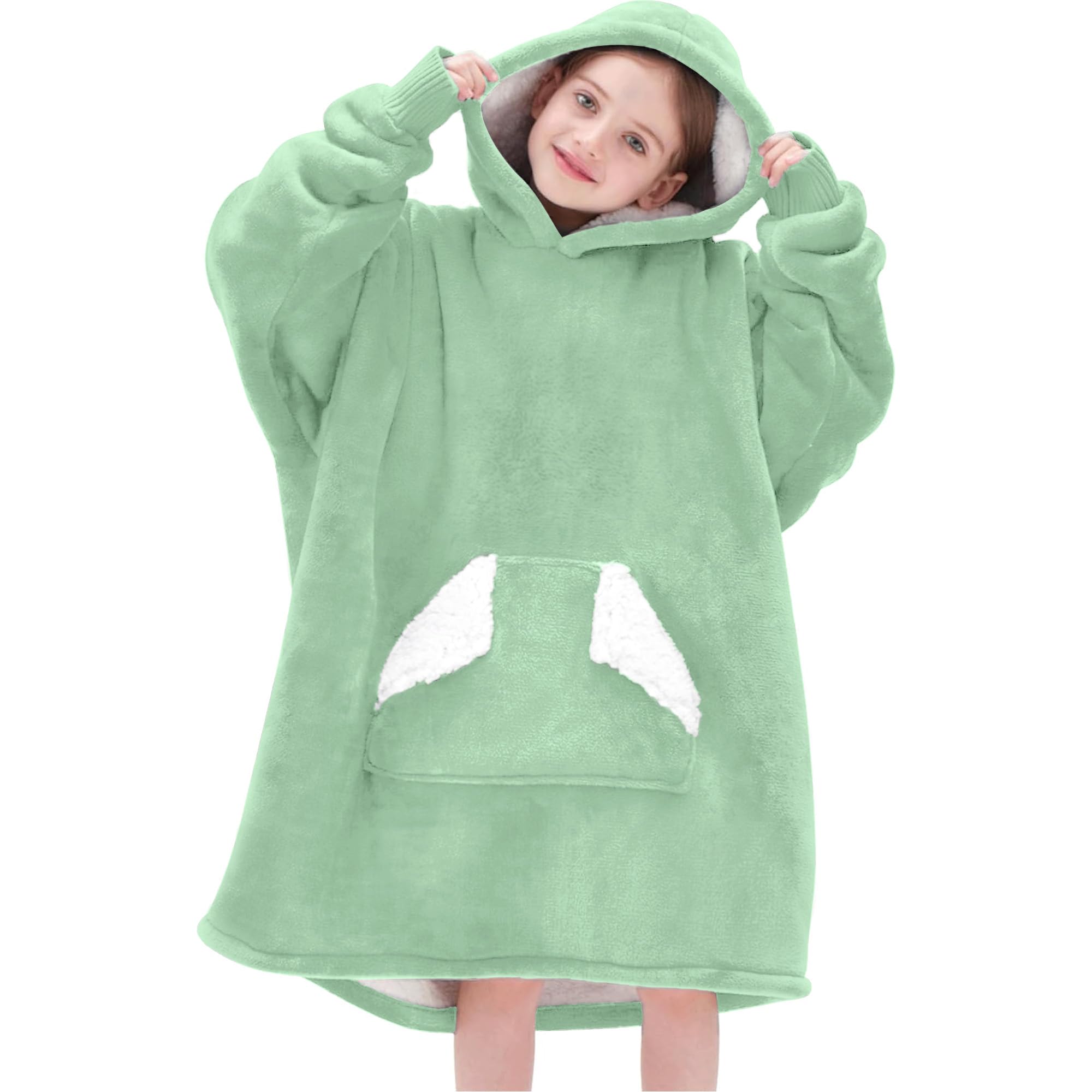Touchat front view of light green wearable blanket hoodie showing cozy fit and pocket benefit