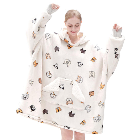 Touchat front view oversized hooded blanket showing roomy fit and hood for warmth