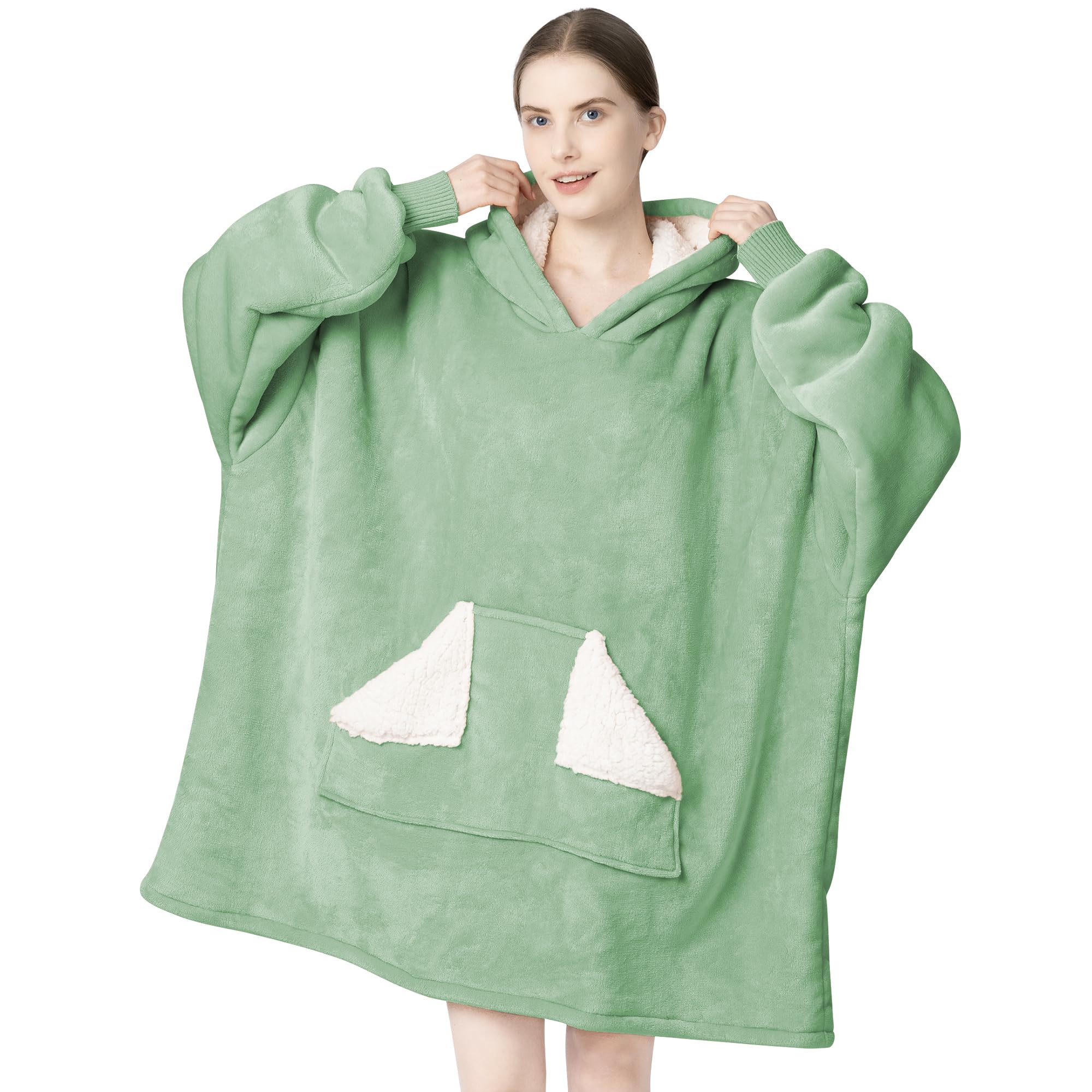 Touchat front view hooded blanket showing roomy fit and cozy hood benefit