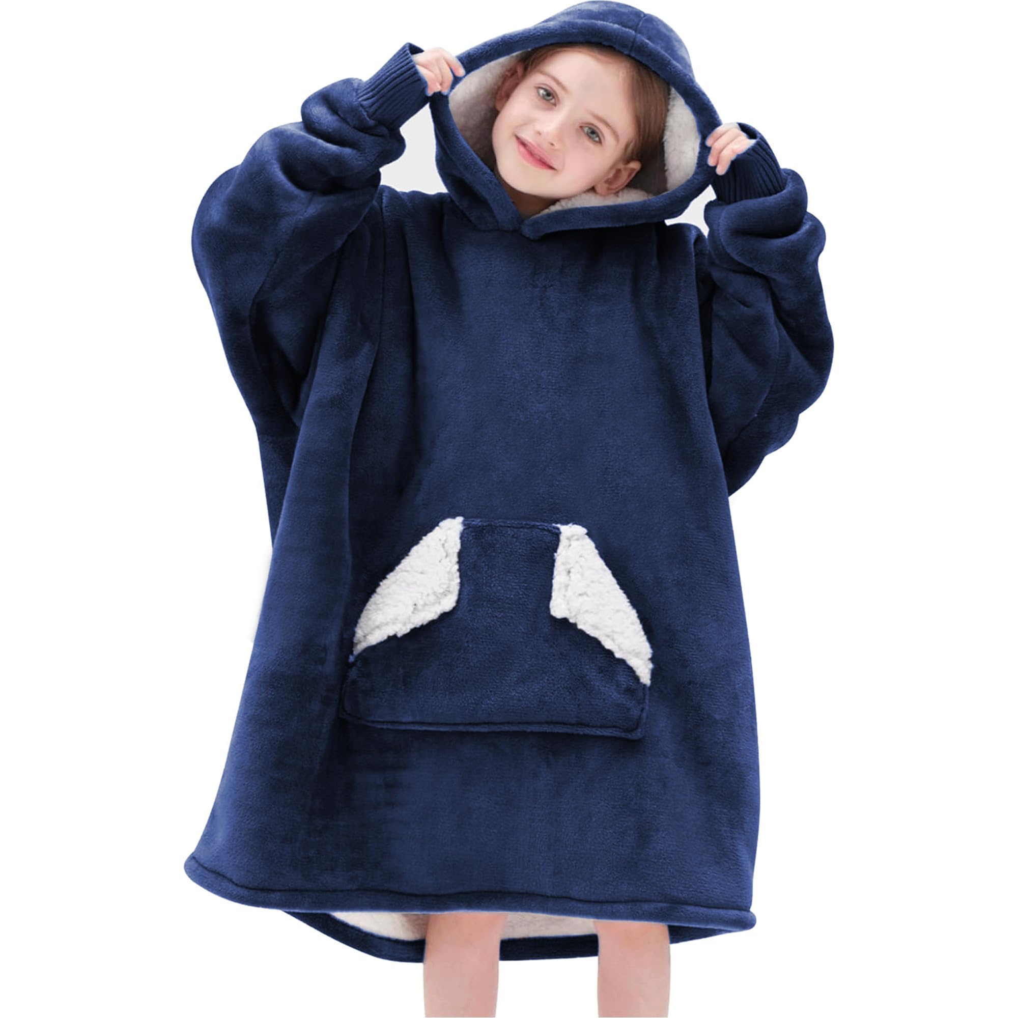 Touchat front view navy wearable blanket hoodie showing cozy fit and warmth