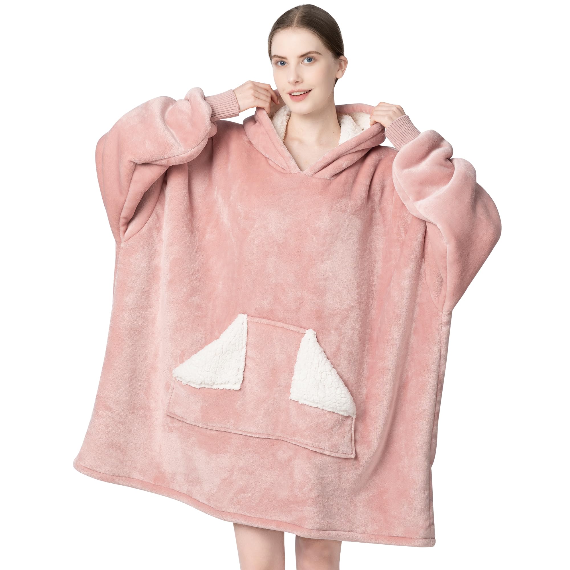 Touchat pink wearable blanket front view showing hood and oversized fit for warmth