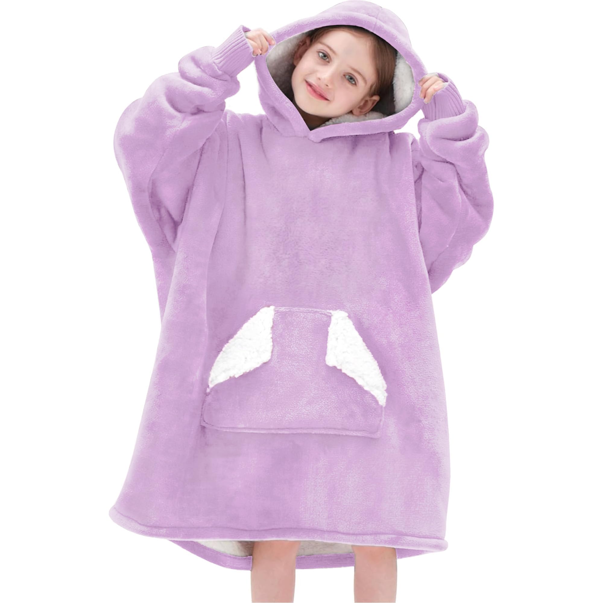 Touchat wearable blanket hoodie front view showing purple plush warmth