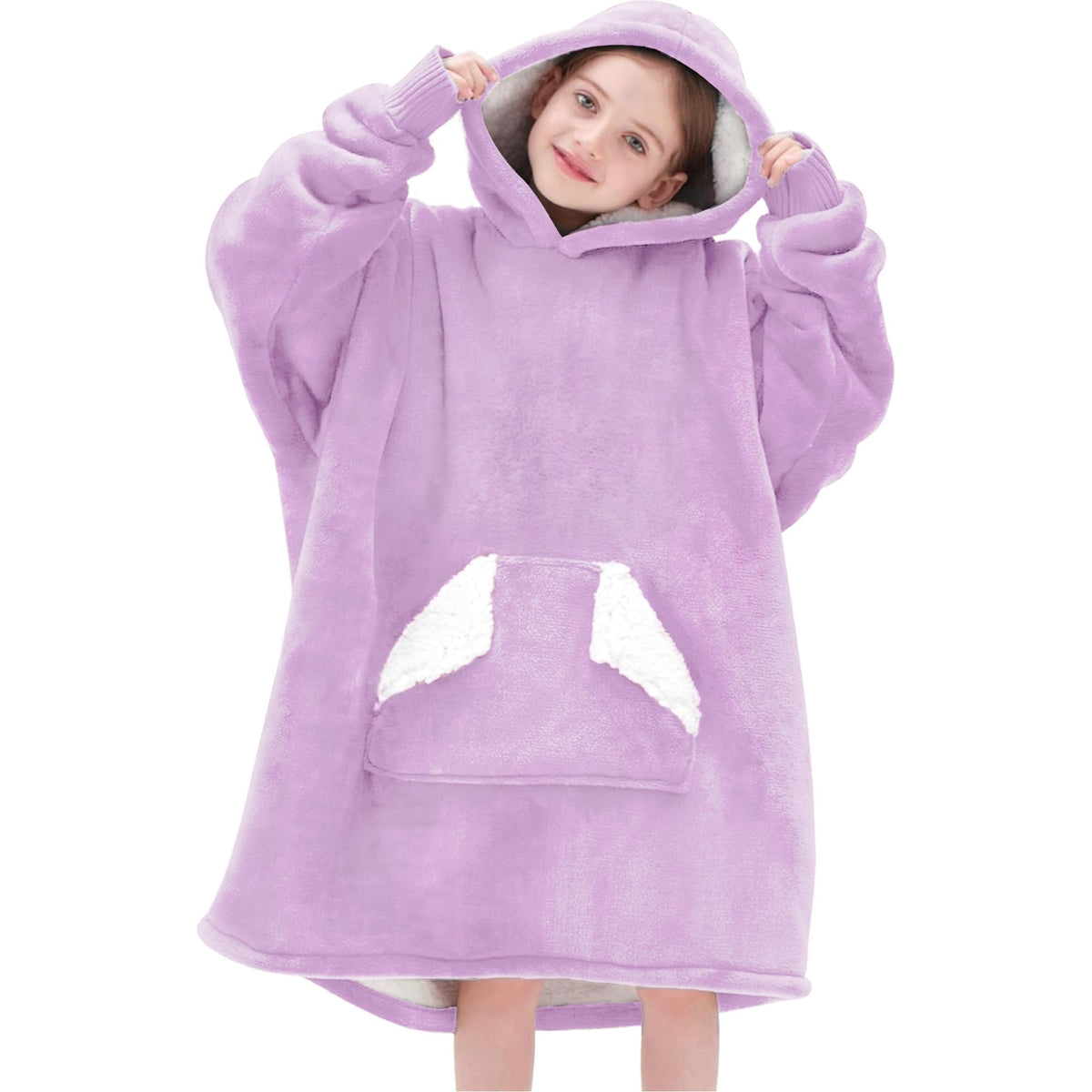 Touchat wearable blanket hoodie front view showing purple plush warmth