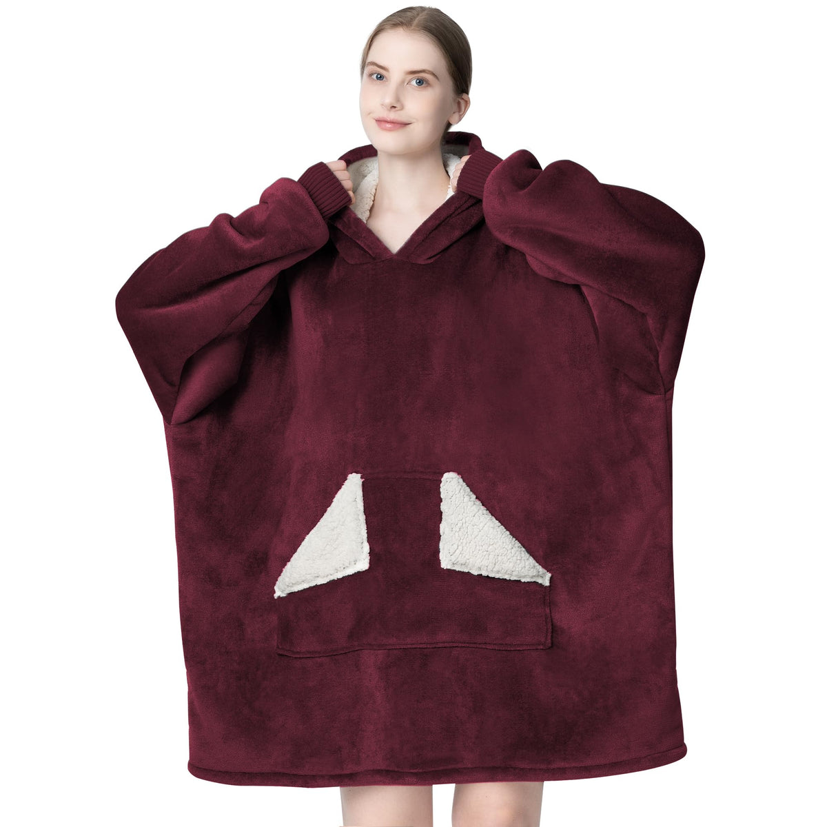 Touchat front view wine hoodie showing roomy fit and cozy appearance benefits warmth