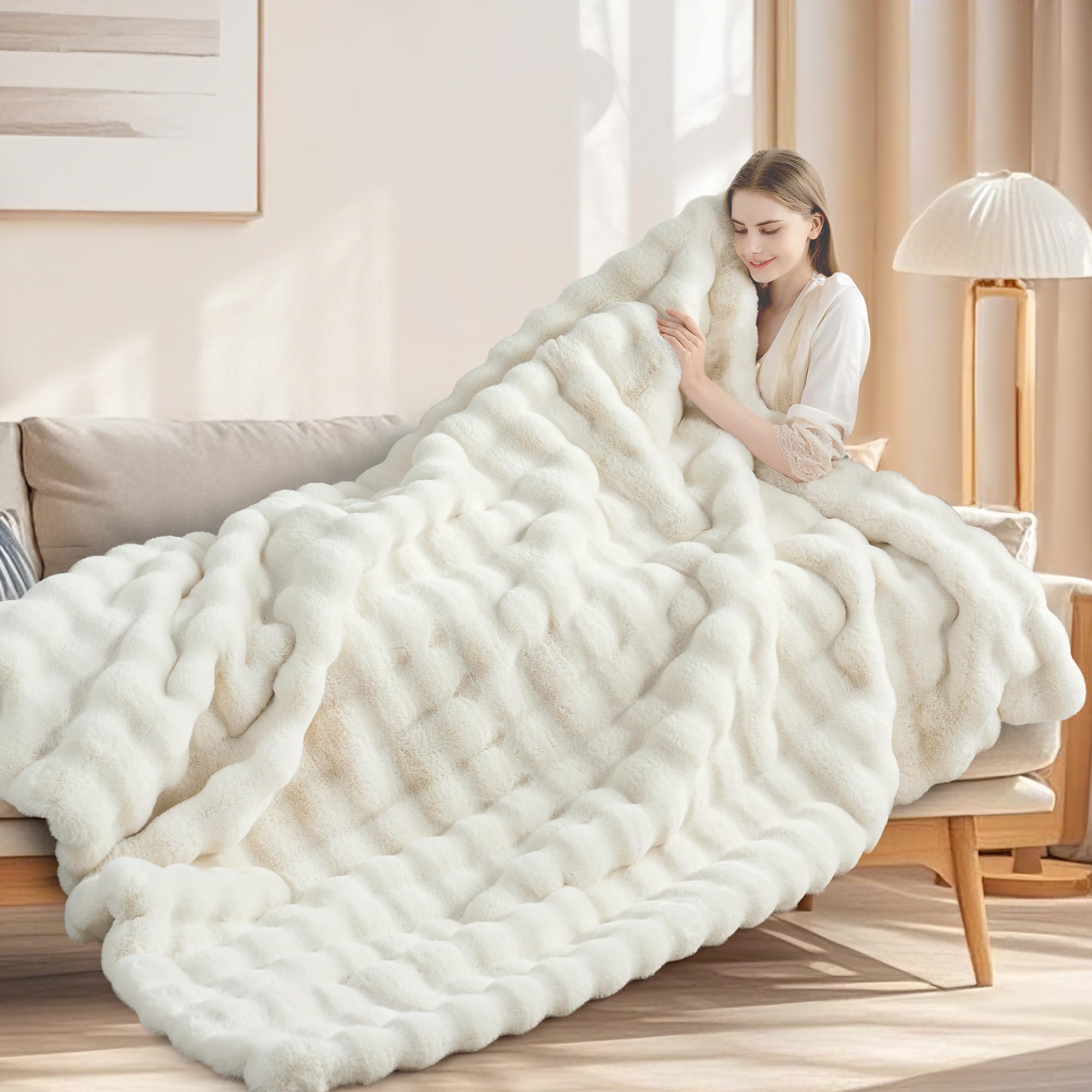 Touchat woman relaxing under blanket illustrating cozy warmth and comfort