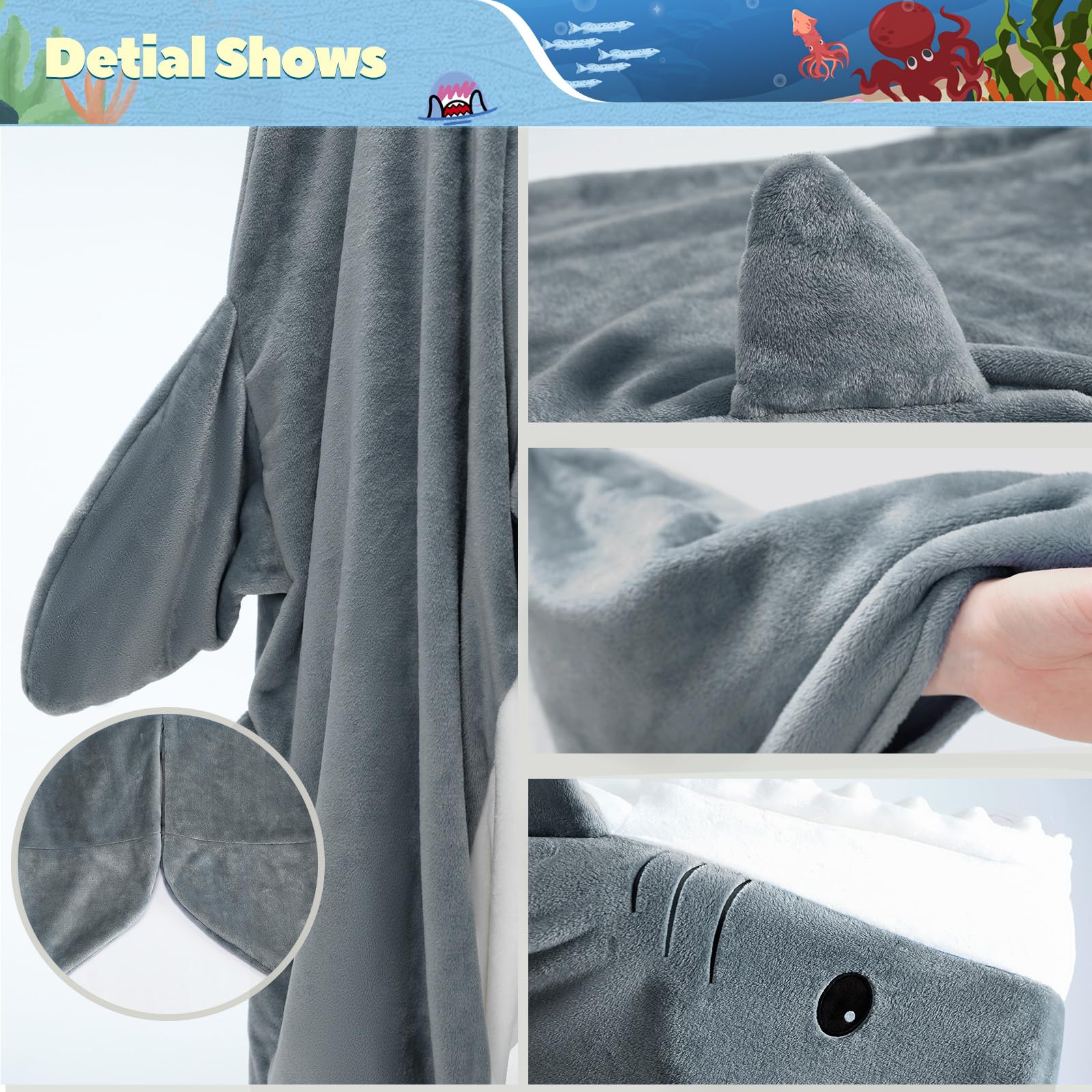 Touchat shark blanket folded beside a chair to show size and scale