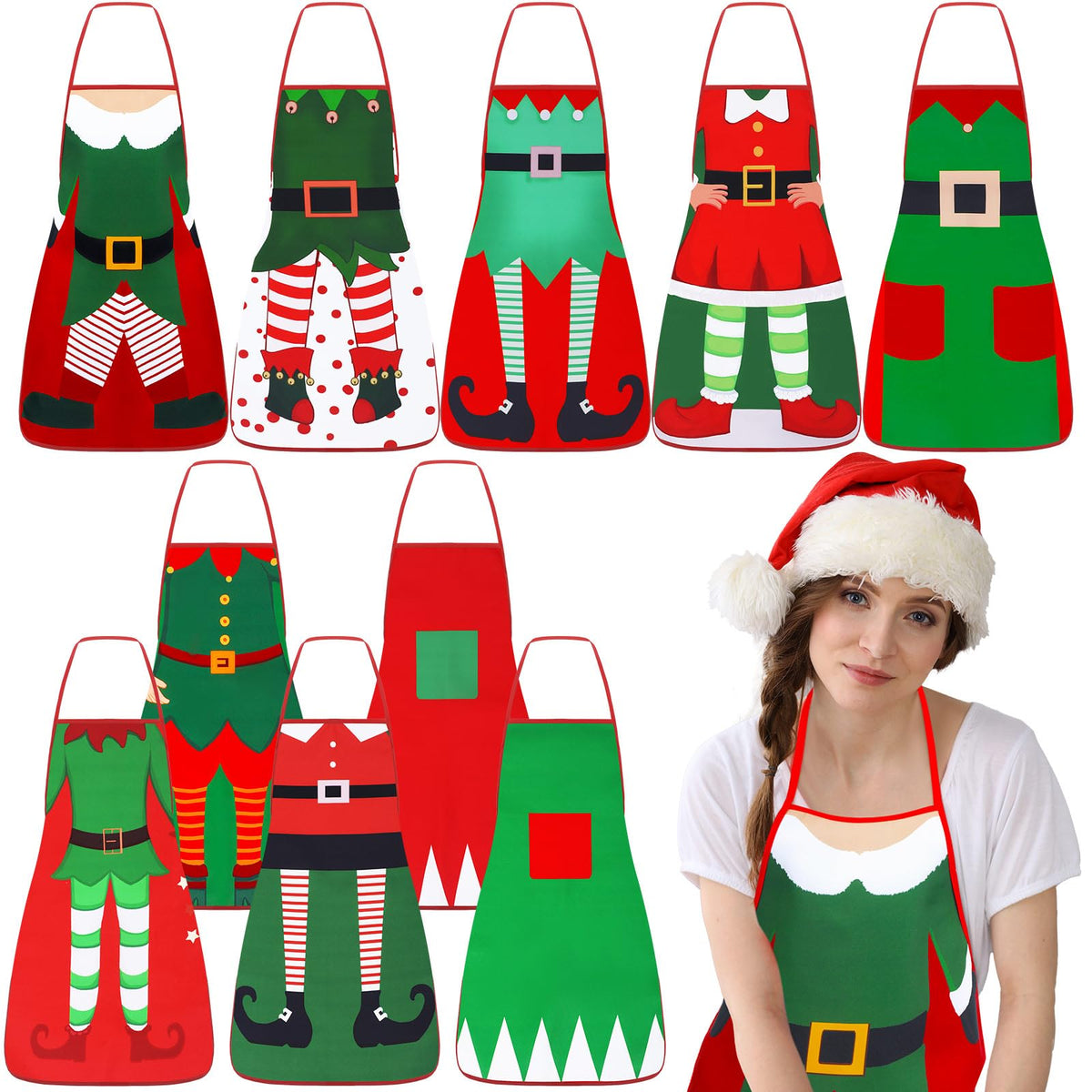Toulite front view of red and green elf aprons showing festive protection