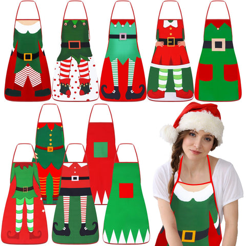 Toulite front view of red and green elf aprons showing festive protection