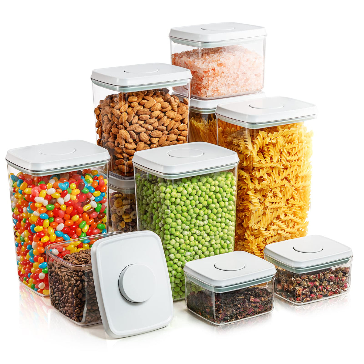 Tourdeus front view of 10-piece set showing neat pantry benefit