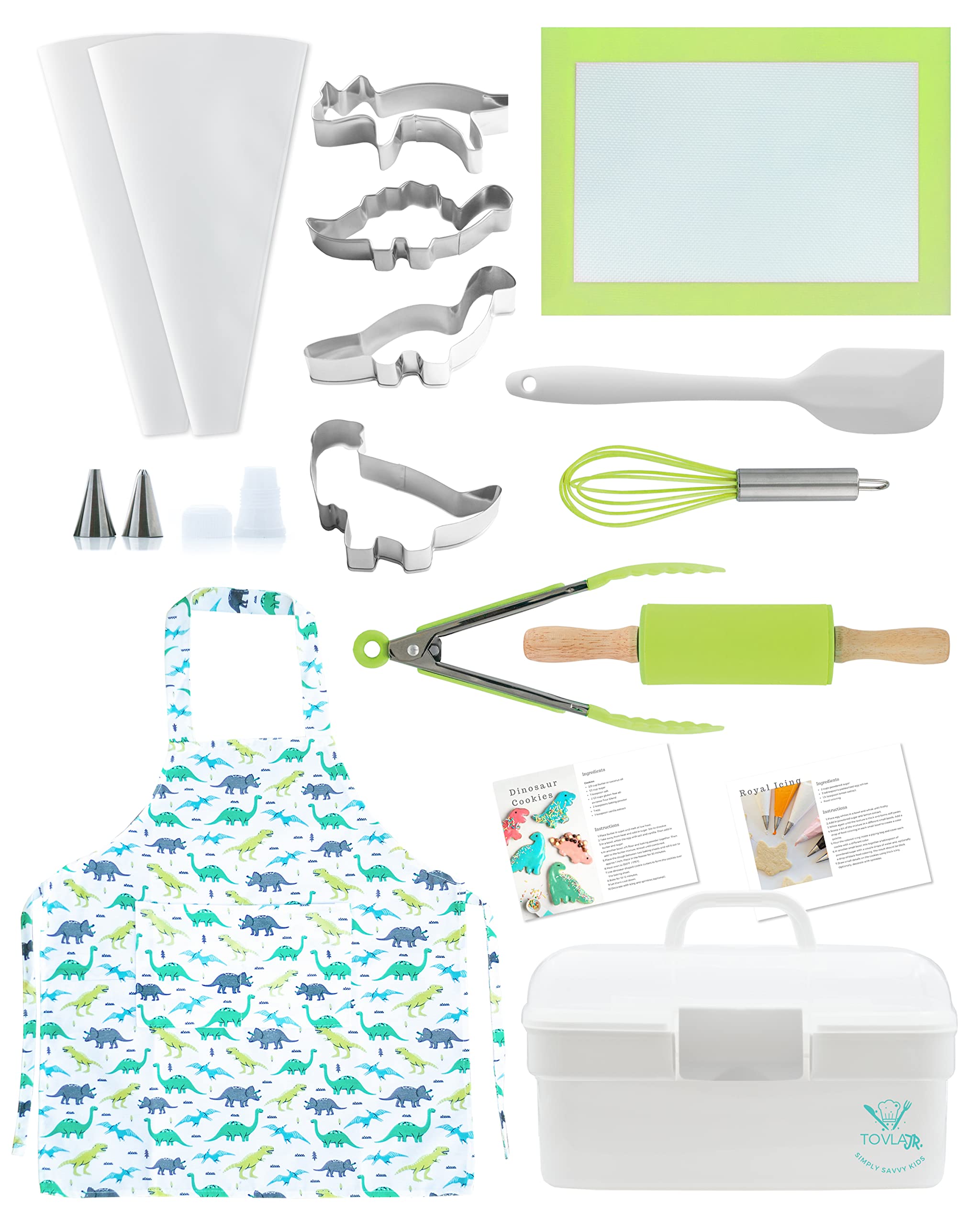 TOVLA JR. full baking tools layout showing colorful kid-safe utensils
