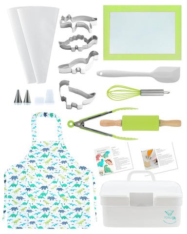 TOVLA JR. full baking tools layout showing colorful kid-safe utensils