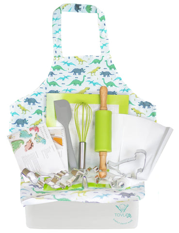 TOVLA JR. dinosaur apron front view protecting clothes during baking