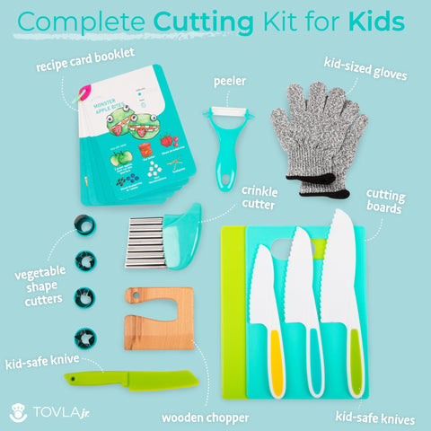 TOVLA JR. child-safe knife on cutting board demonstrating safe grip