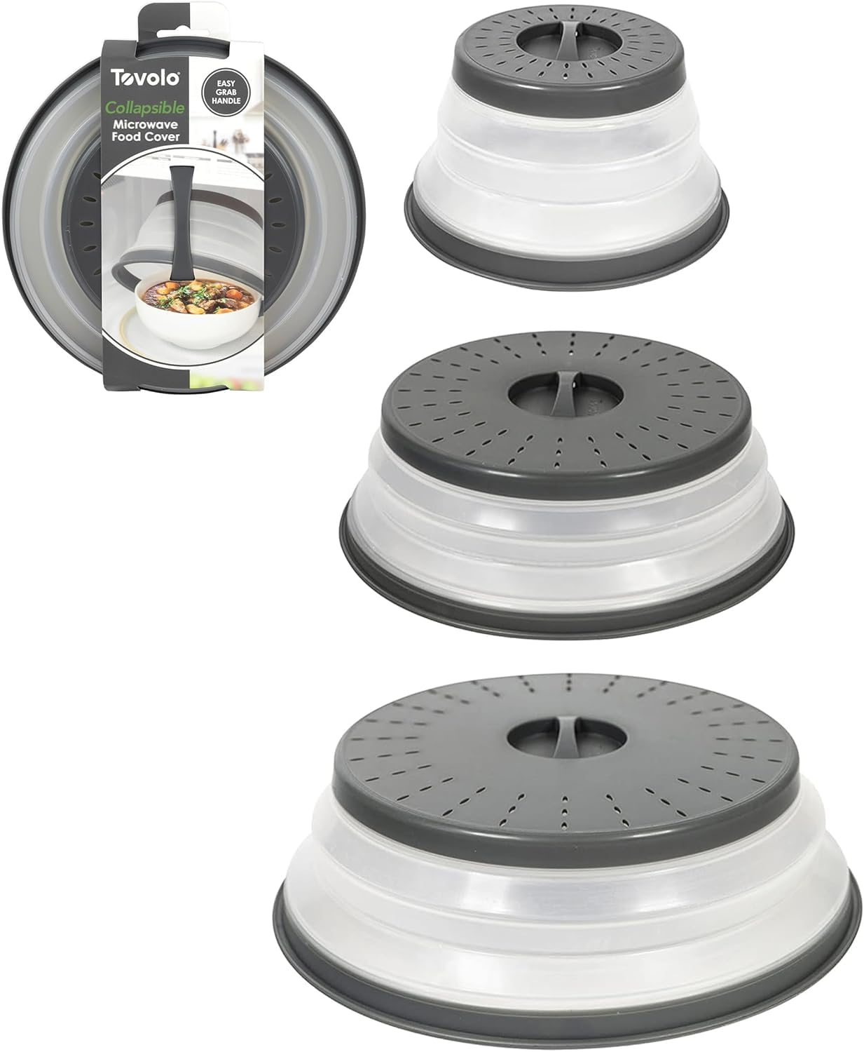 Tovolo front view of 3-pack charcoal covers, saves microwave cleaning