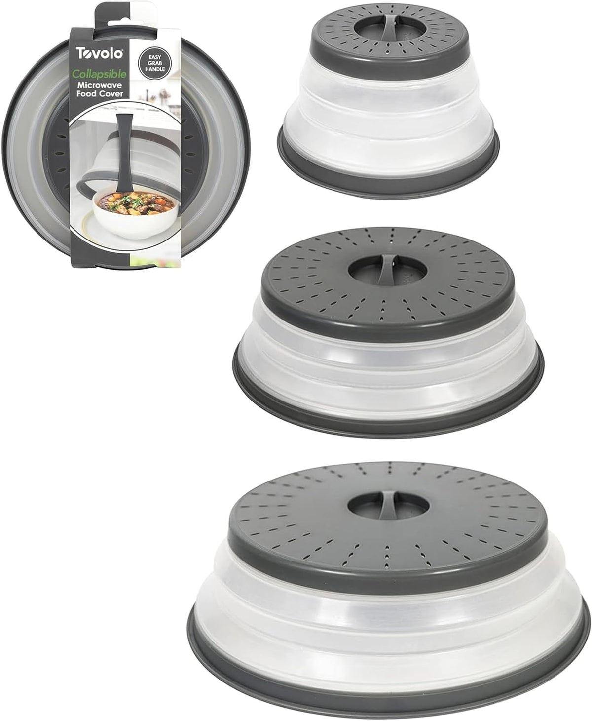 Tovolo front view of 3-pack charcoal covers, saves microwave cleaning