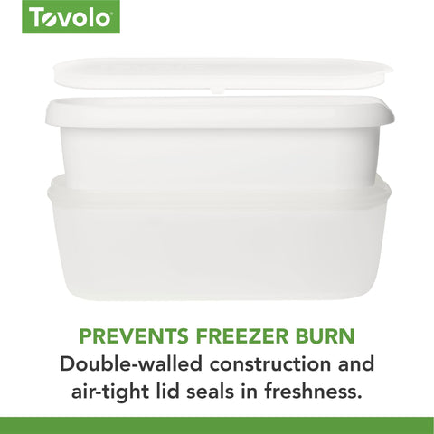 Tovolo stacked containers in freezer highlighting space saving and organized storage