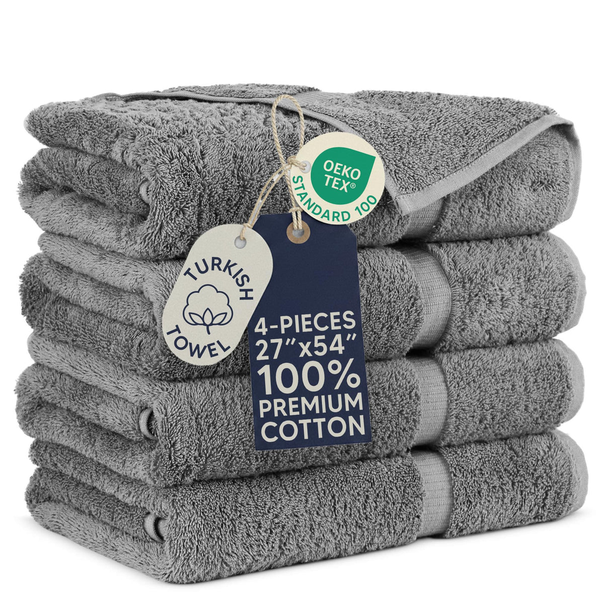 Towel Bazaar front view of four gray towels showing neat fold and neutral style