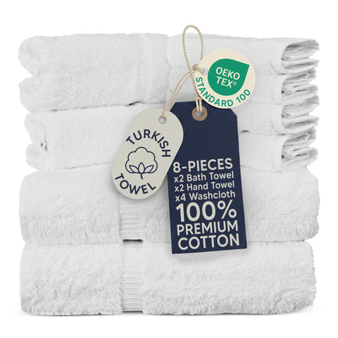Towel Bazaar front packaging showing the white 8-piece set and neat presentation