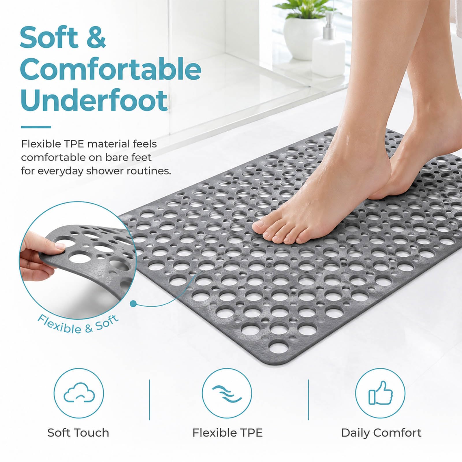 TOWGOU Casa installed in shower showing stable, slip-resistant footing benefit