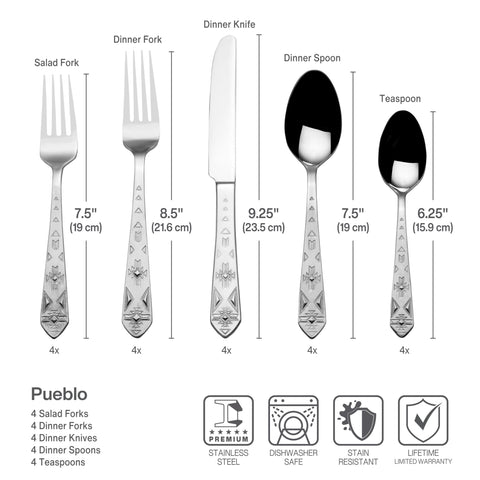 Towle Pueblo arranged place setting for four demonstrating cohesive southwestern table style