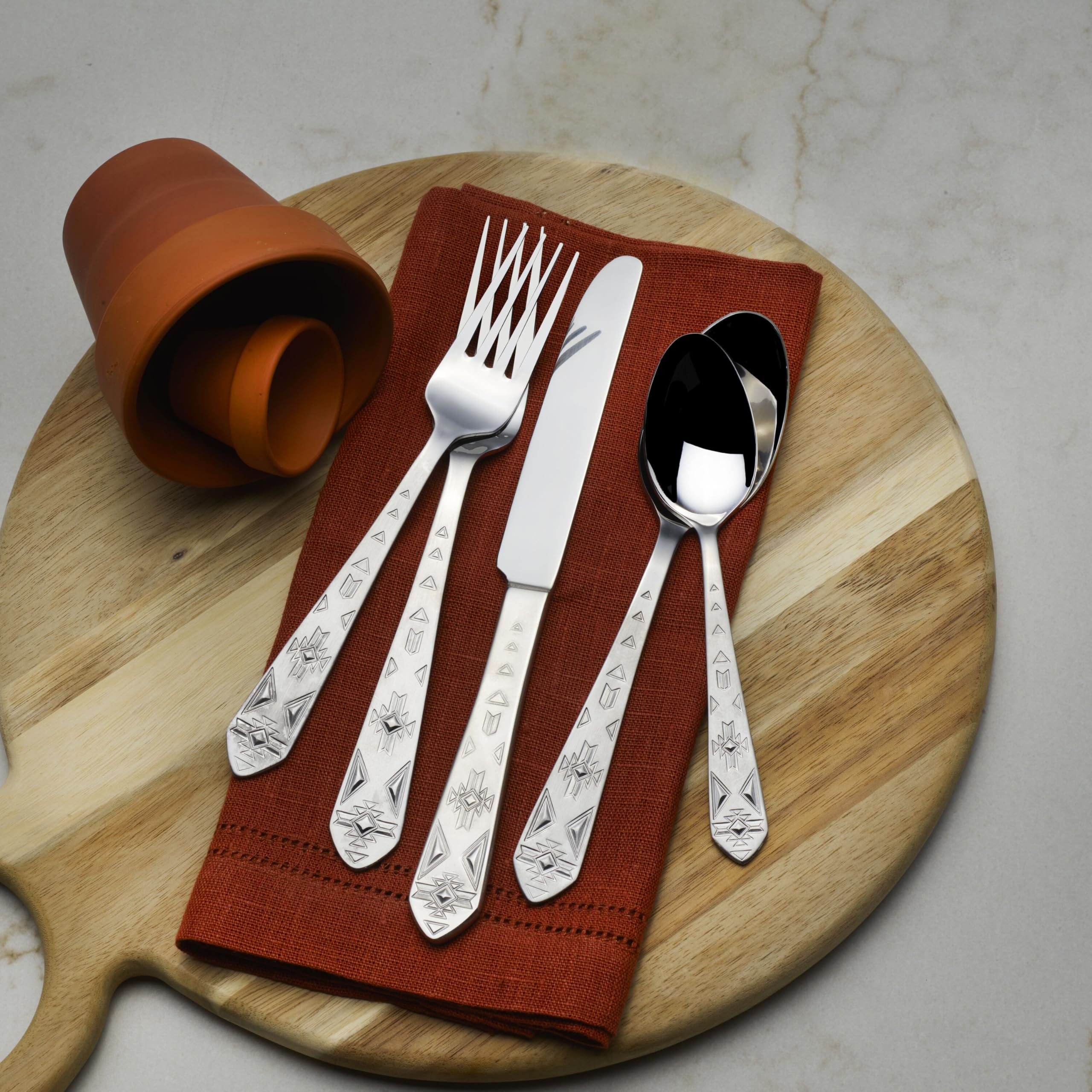 Towle Pueblo pieces inside dishwasher illustrating dishwasher-safe convenience and quick cleanup