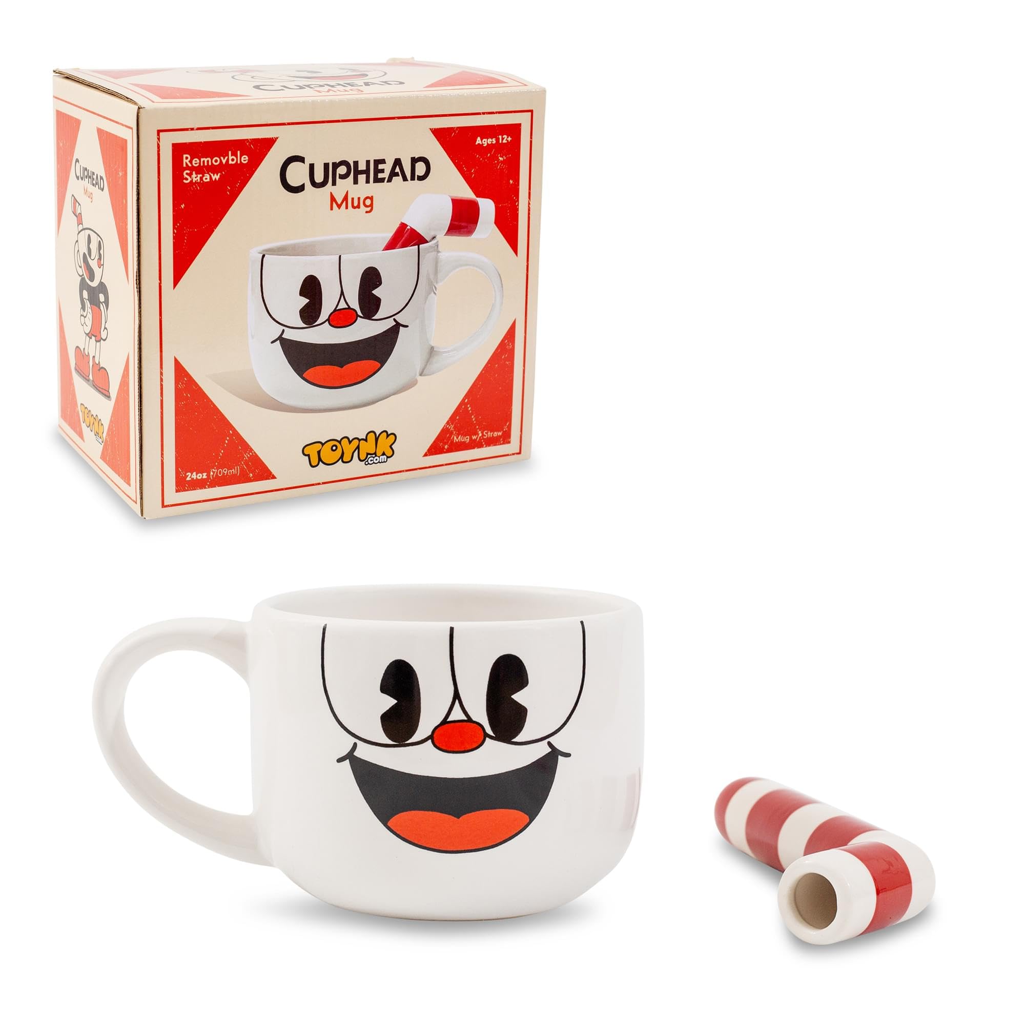 Toynk Cuphead top view straw detail showing red-white straw for easy drinking