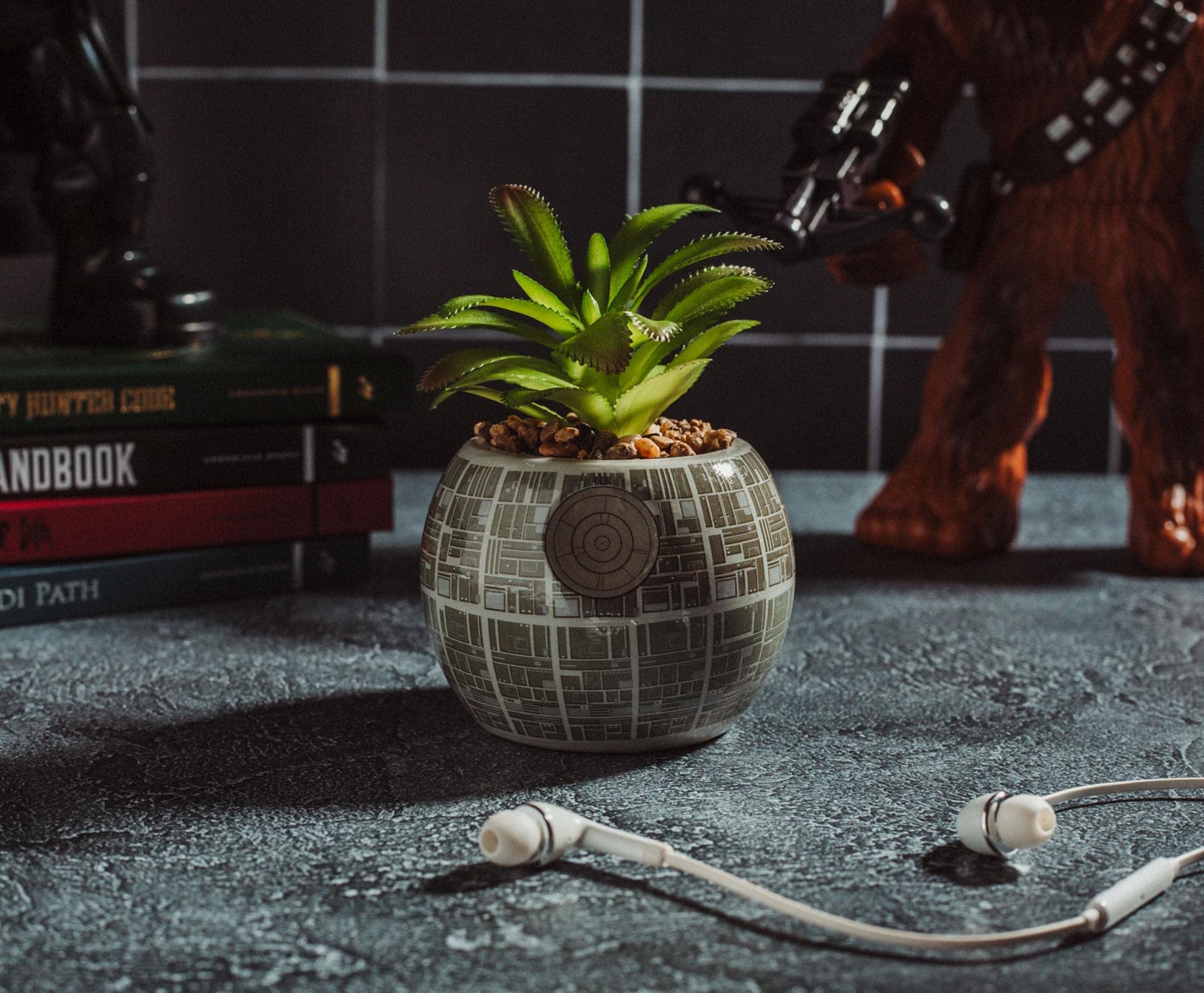 Toynk Death Star planter close-up of glossy ceramic finish offering durable shine